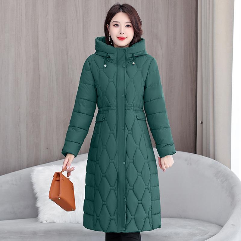 European Station Fattening Plus XL Large Size Waist Fashion Cotton Clothes Women's Knee Long Rhombus Thickened Warm Cotton Clothes