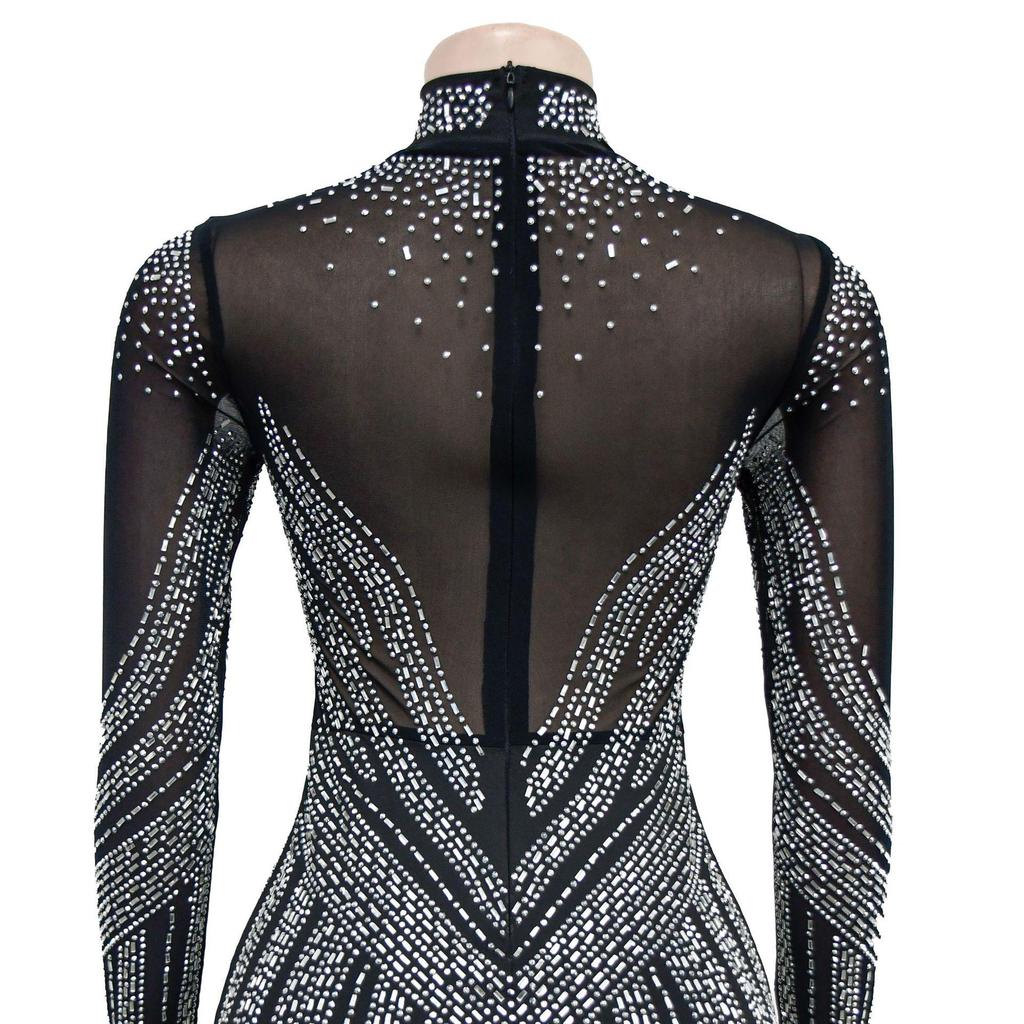 European & American Fashion Women's Solid Color Mesh Rhinestone Long Sleeve Mini Dress