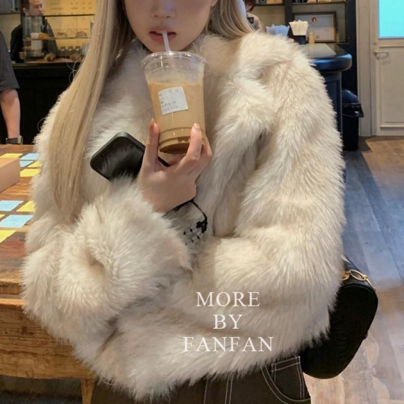 Womens Faux Fur Coat Winter Short Oversized Lapel Fluffy Jacket Fox Trim Casual Outerwear