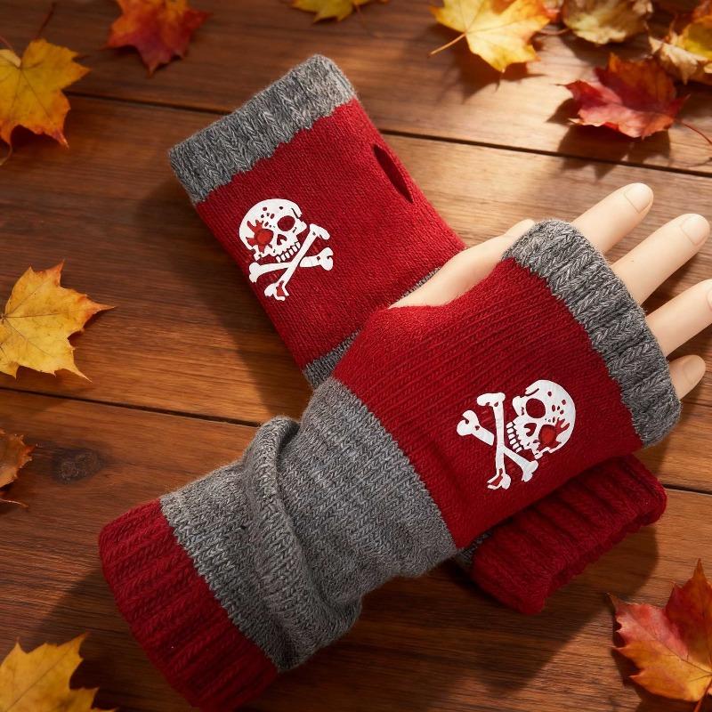 Gants en tricot sans doigts avec broderie de chat et patchwork, Gants décontractés ouverts aux doigts tendance pour femme, Mitaines chaudes d'hiver sans doigts