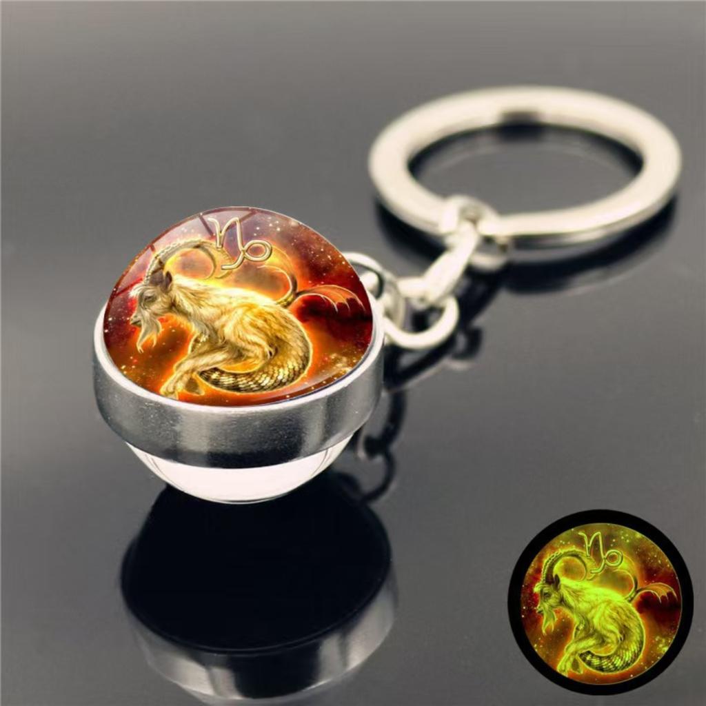 Schlüsselanhänger mit 12 Sternzeichen, im Dunkeln leuchtend, Taschenanhänger, Zeit-Edelstein, doppelseitiger Glaskugel-Schlüsselanhänger