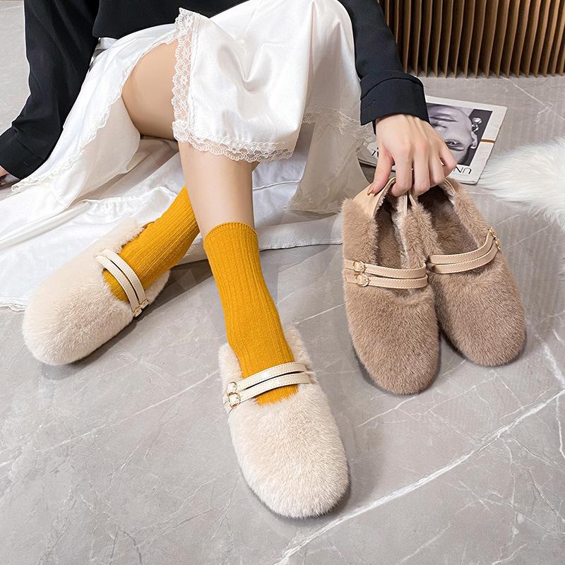 Fashion Elegant Belt Buckle Fur Mocasines Women Rabbit Hair Flats Winter Warm Plush Wool Shoes Ladies Slip On Loafers Furry Ballerinas