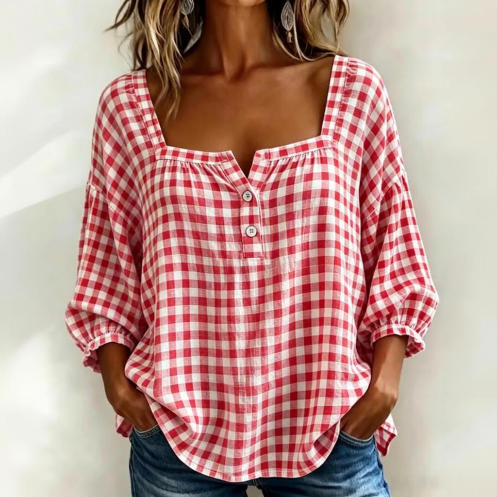 Women's Casual Plaid Three-Quarter Sleeve Loose Fit Top