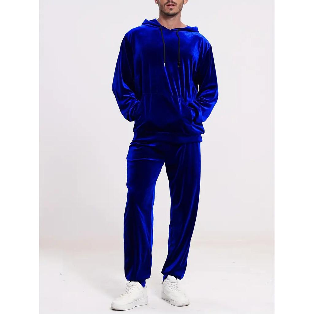 Fashion Solid Color Velvet Two Piece Sets Mens Fall Winter Casual Long Sleeve Hoodie And Pants Outfit Men Clothing Vintage Suits