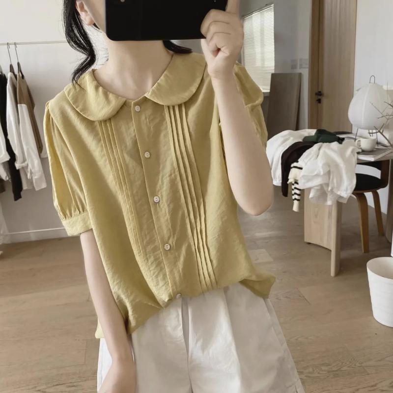 

Women s Summer Peter Pan Collar Pleated Short Sleeve Button Down Shirt M жёлтый