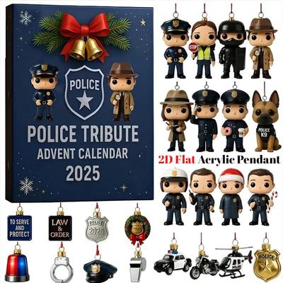 2D Flat Acrylic Police Tribute Advent Calendar 2025, 24 Days Christmas Countdown Calendar With 24 Police-Themed Decorations,Christmas Gift For Police