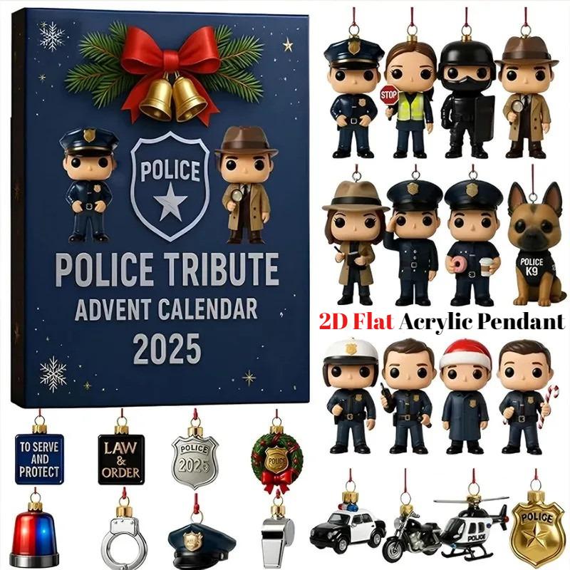 

2D Flat Acrylic Police Tribute Advent Calendar 2025, 24 Days Christmas Countdown Calendar With 24 Police-Themed Decorations,Christmas Gift For Police синий