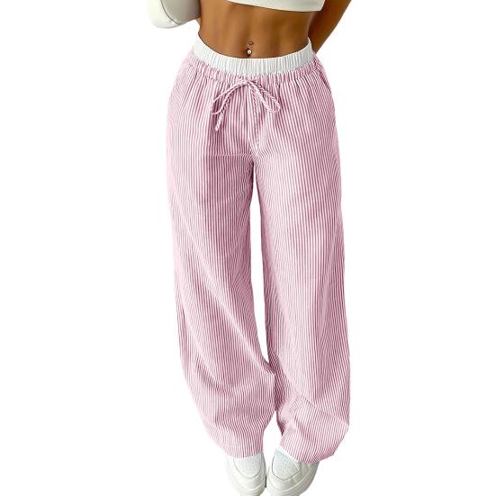 Women Pants Wide-Leg Casual Pants Elastic Waist Adjustable Drawstring Striped Design