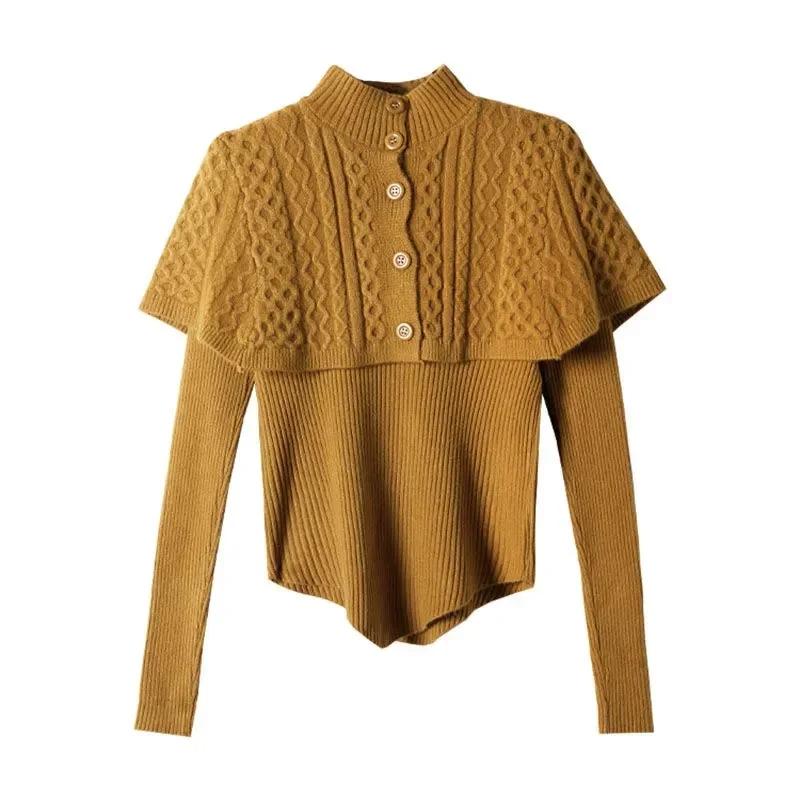 Temperament Cape Knit Two Piece Set Women Fashion V Neck Long Sleeve Pullover Sweater Stand Collar Knit Cardigan Shawl Suits