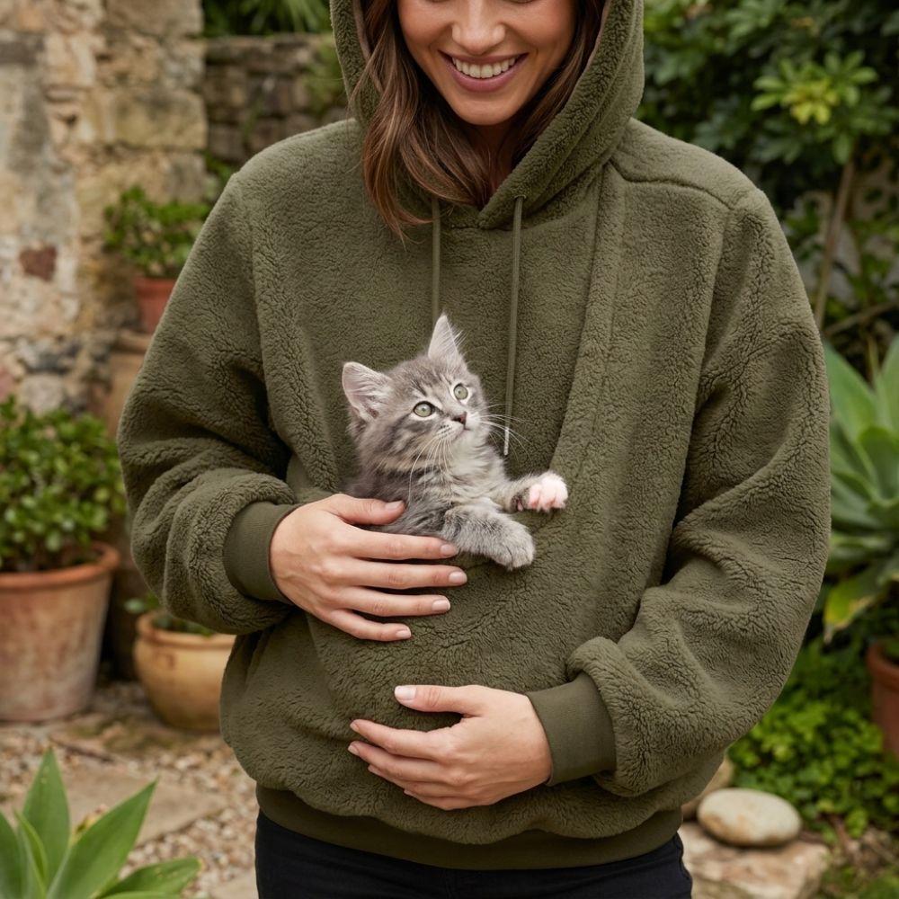 Soft Plush Cat Pocket Sweatshirt Solid Color Pet Holder Pullover Hooded Sweatshirt Autumn Winter