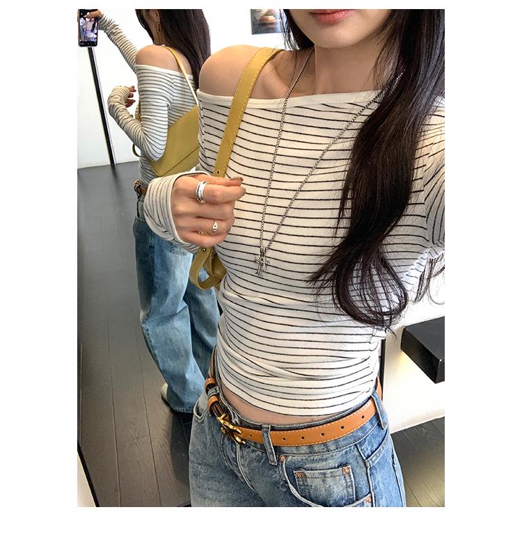 Chic Spicy Girl Striped One-Shoulder Slim Long-Sleeve Top – Women's Autumn/Winter Korean Style
