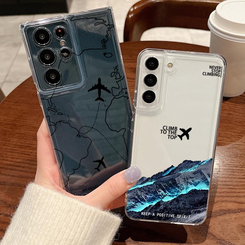 Snow Mountain Travel Map Print Phone Case For Samsung Galaxy S26 S25 S24 S23 Ultra S22 Plus S24 S21 FE S25 Edge Clear Soft Cover