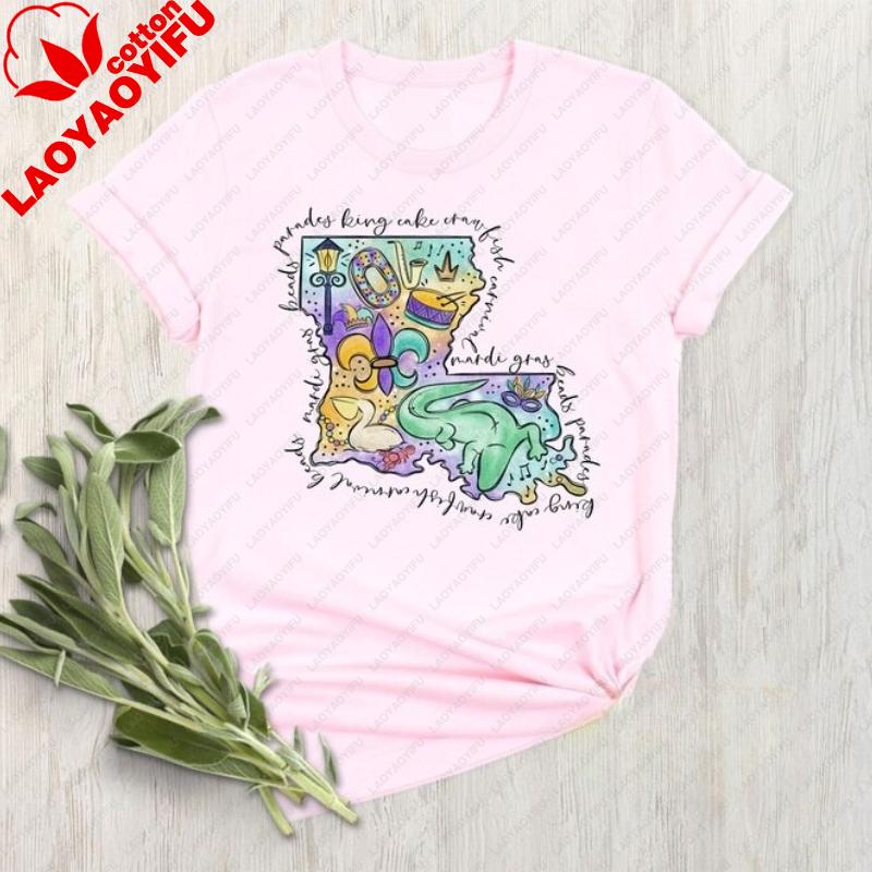 

Louisiana Mardi Gras Crocodile Shirt Mardi Gras Gift Louisiana Crewneck Parade Oversized T Shirt Shirts for Women Y2k Top Tees 3XL