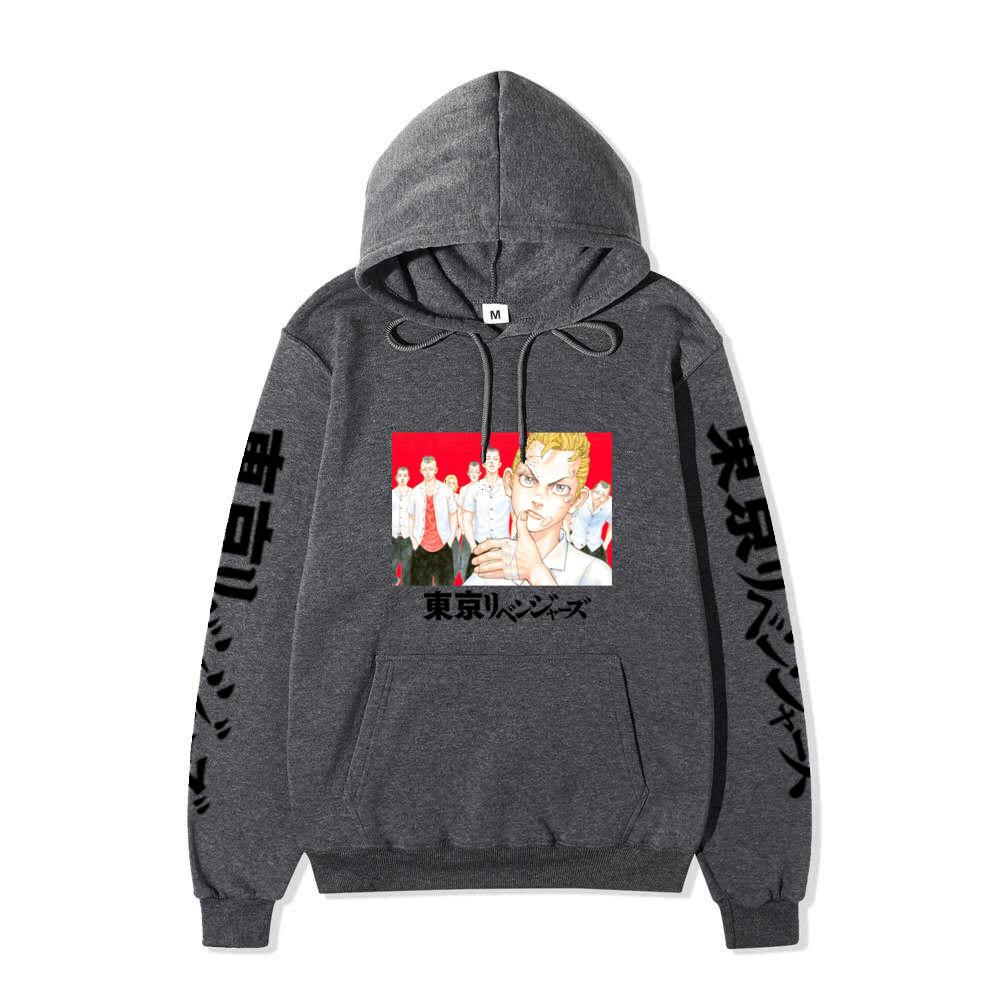 Tokyo Revengers Anime Pullover Hoodie, Takemichi Group Character Print Long Sleeve Sweatshirt Unisex Street Hoodie with Japanese Sleeve Letter