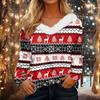 Women's Long Sleeve Christmas V-Neck Top with Plush Collar and Color Block Print