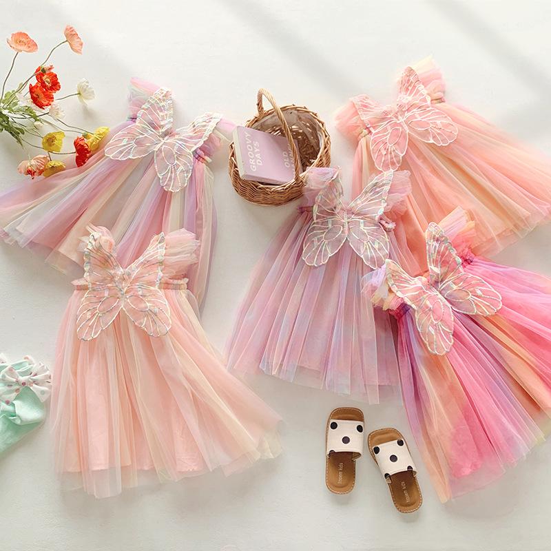 Meisjes Zomer Regenboog Tule Prinsessenjurk Met Pofmouwen En Volle Rok Voor Kinderfeestjes
