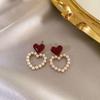 Elegant Pearl and Wine Red Hong Kong Style Dangle Earrings for Women – Retro, Fashionable, and Paired with Trendy Studs.