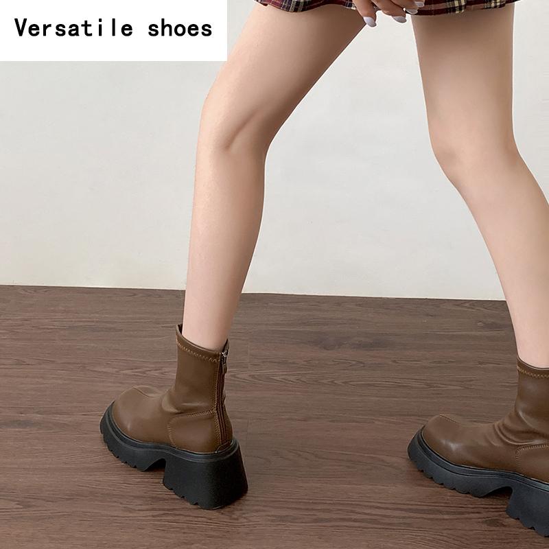 Klobige Damen Slim Stiefeletten Mode Elegant Reißverschluss hinten Schuhe Dicker Hoher Absatz Damen Morder Kurze Stiefeletten