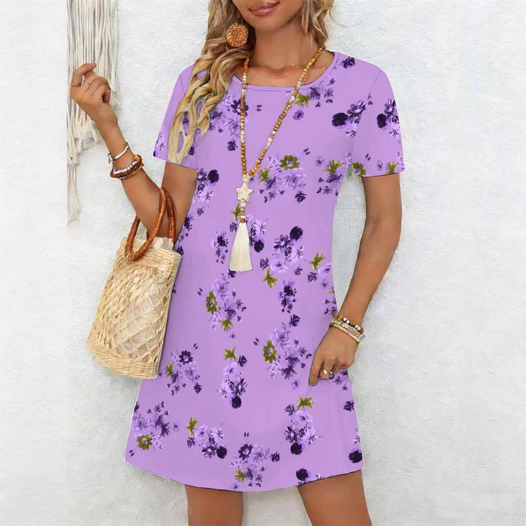 Women's Fashion Graceful Beautiful Flower Butterfly Print Summer Spring Short Sleeve O-Neck Casual Dresses