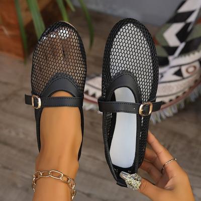 Hollow Mesh Mary Jane Sandals Women's Shallow Mouth Shoes Summer Round Head One-word Belt Buckle Flat Heel Shoes