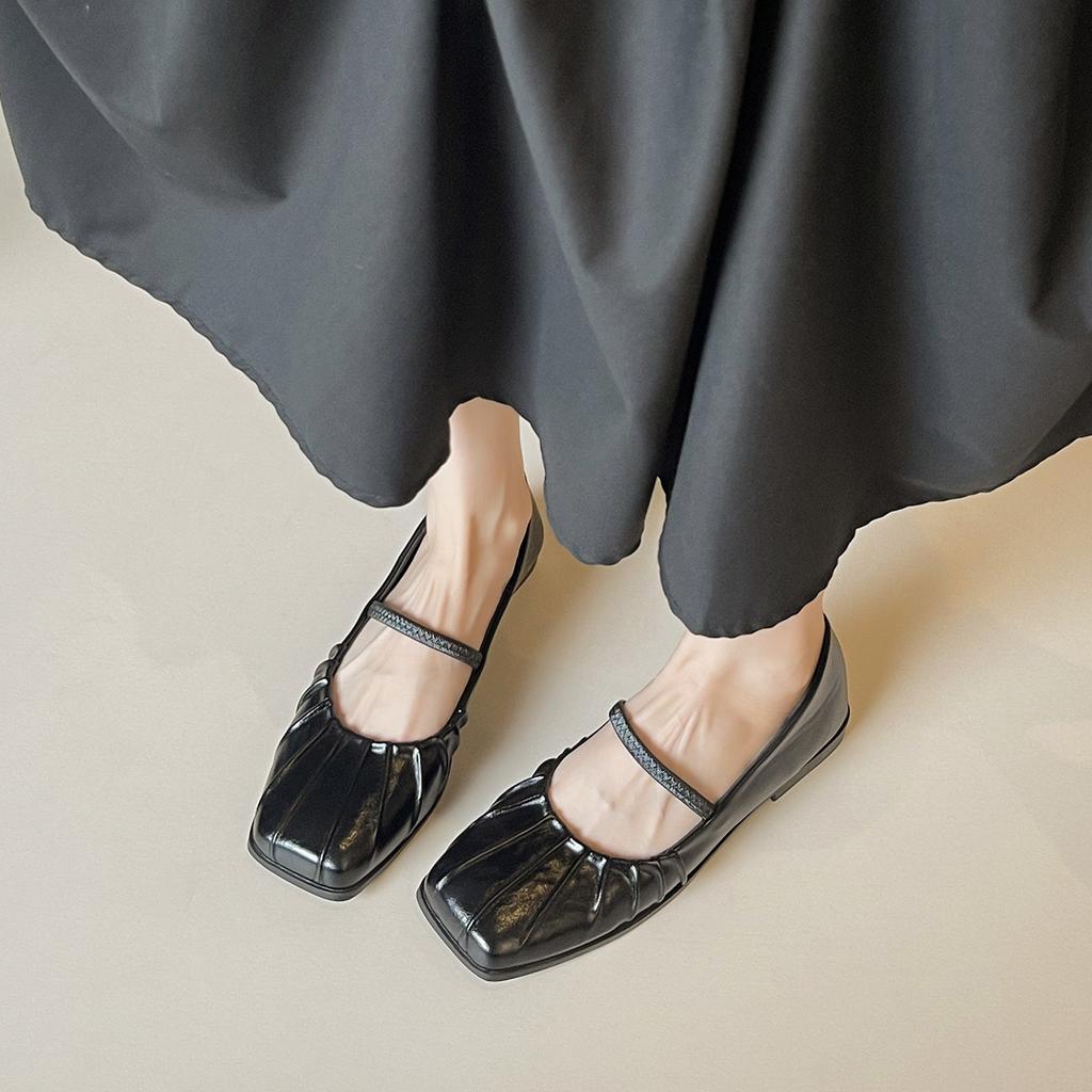 Weiwei Girl 809-1 One-word with Mary Jane Shoes French Flat-bottomed Shallow Mouth Single Shoes Women's Head Pleated Ballet Shoes