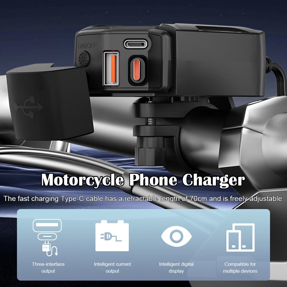 Motorcycle Phone Charger 3-Port Fast Charging 30W PD+18W USB-A+30W Retractable Type-C Cable Power Supply Adapter With Voltmeter