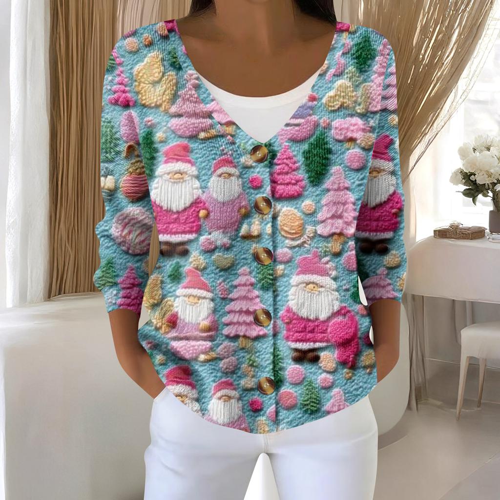 Damemote Langermet Christmas Snowman Snowflake Print Jakke Cardigan