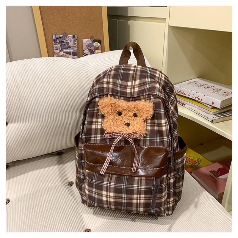 Plaid Backpack Female Retro Junior High School Students High School Students Cute Puppy Leisure Backpack.