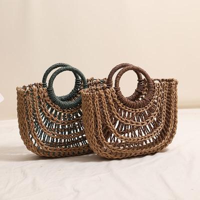 Hollow Semi-round Hand-held Straw Bag Round Handle Contrasting Color Straw Bag Woven Bag Women's Seaside Vacation Beach Bag