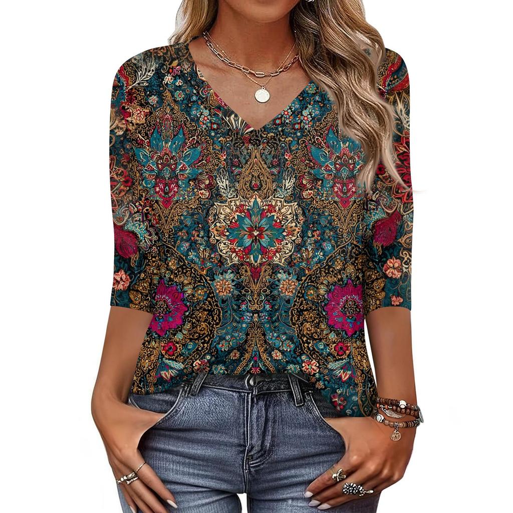 Dámské tričko s potiskem 3/4 rukáv denní víkendová móda základní véčkový výstřih běžný top