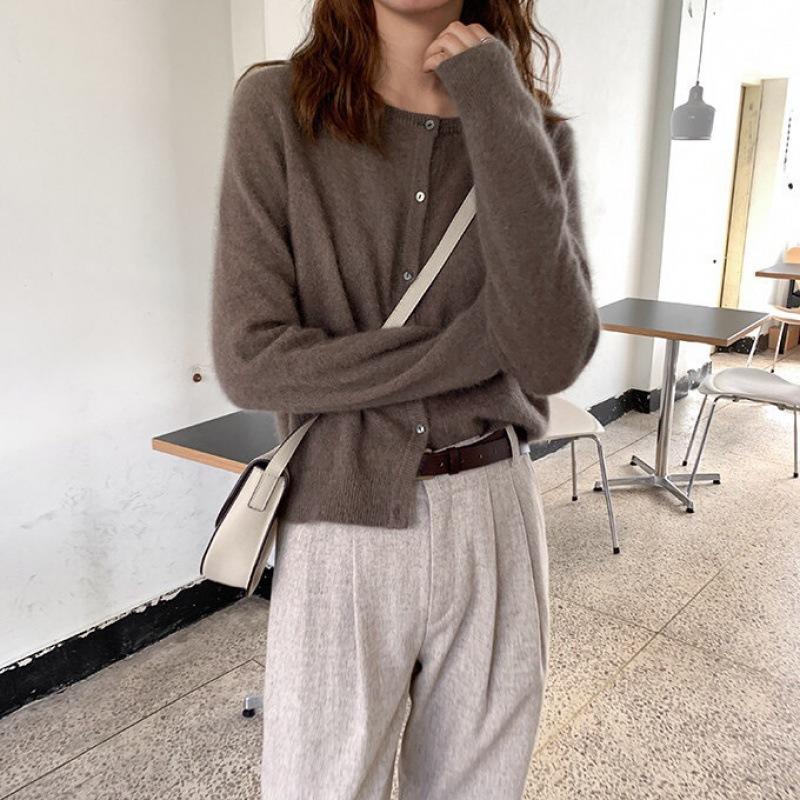 Spring Autumn Crew Neck Purple Short Knit Cardigan Loose Outer Wear Sweater Coat for Women