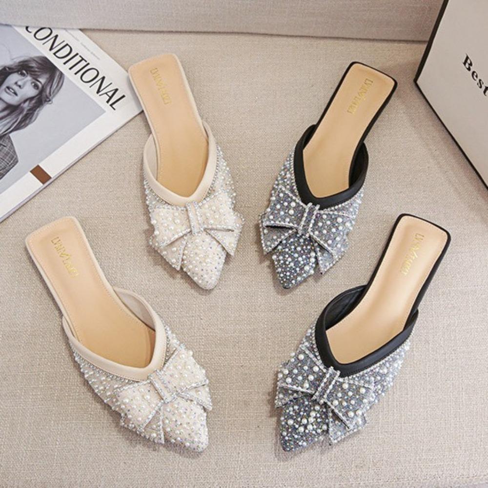 Fashion Baotou Slippers for Women 2025 New Style Flat Bottom Empty Single Shoes Summer Water Diamond Lazy Baotou Large Slippers 41-43
