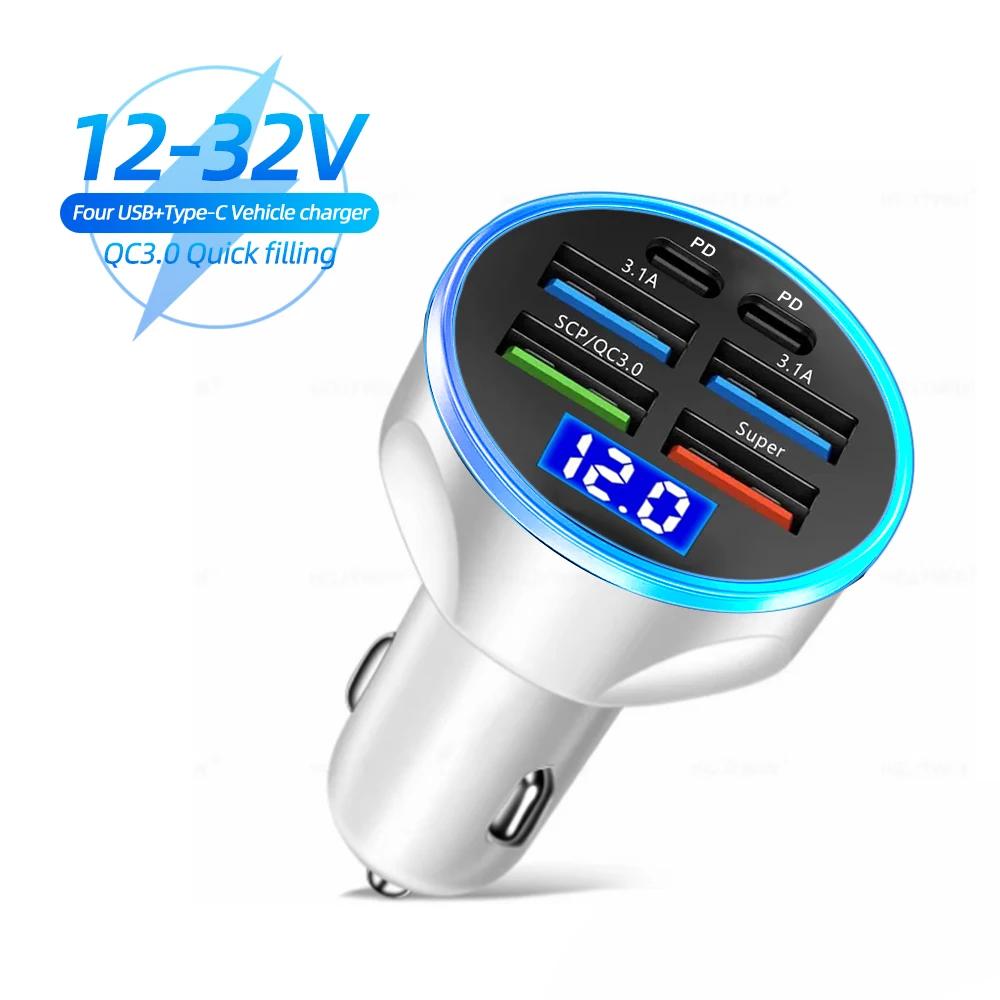 Car Charger LED 6 Ports 66W USB Fast Charge PD QC3.0 Display Voltage Car Phone Charger Type C Adapter for iPhone Samsung Xiaomi