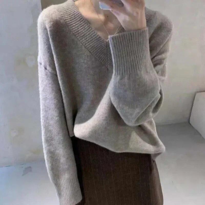 Autumn Vintage Fashion Long Sleeve Knitted Sweater Winter Bottoming Pullover Women Casual V-neck Tops Solid Color Clothes 29898