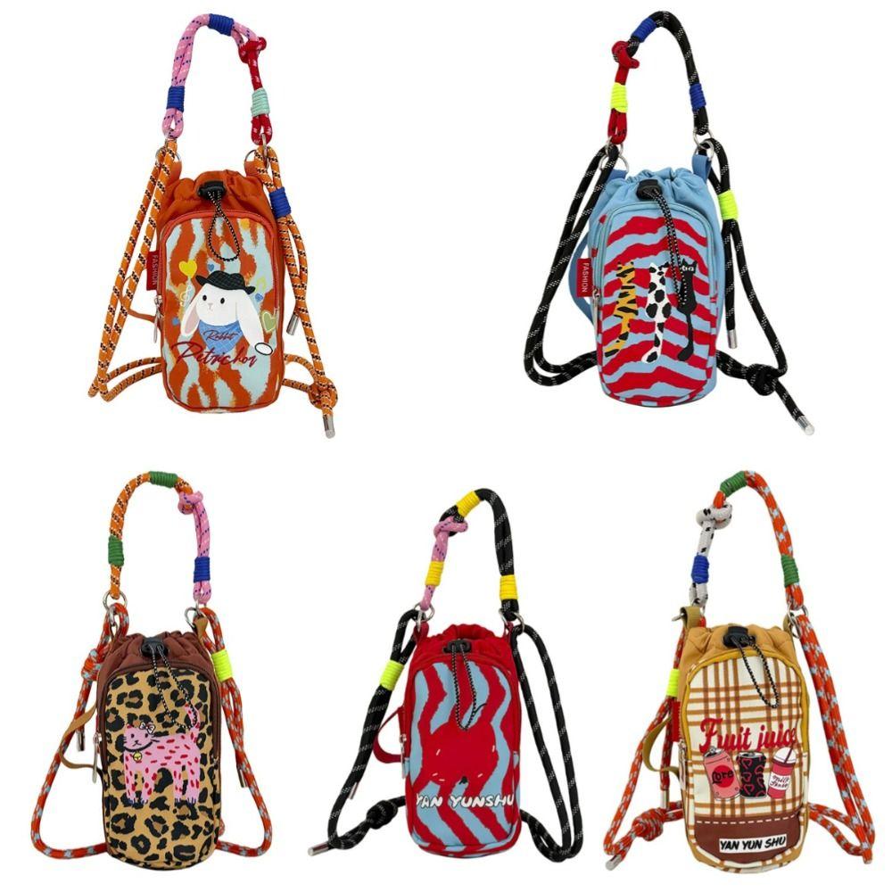 Lightweight Drawstring Crossbody Bag Cartoon Thermal Mugs Carrier Bag Nylon Shoulder Bag Walking