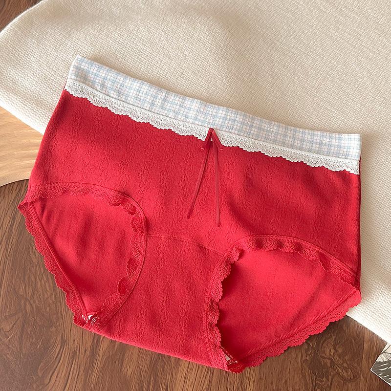Plus Size Ladies Spring and Autumn Vintage Plaid Bow Lace Cotton Mid Waist Briefs