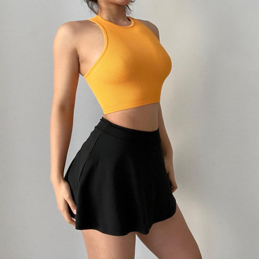 Στρογγυλή λαιμόκοψη με λουράκια Crop Tops Γυναικείες καλοκαιρινές μονόχρωμες καμίσλες γιόγκα μονόχρωμες αθλητικές σωληνώσεις Γυναικεία αμάνικα Cropped Y2K Ρούχα για κορίτσια