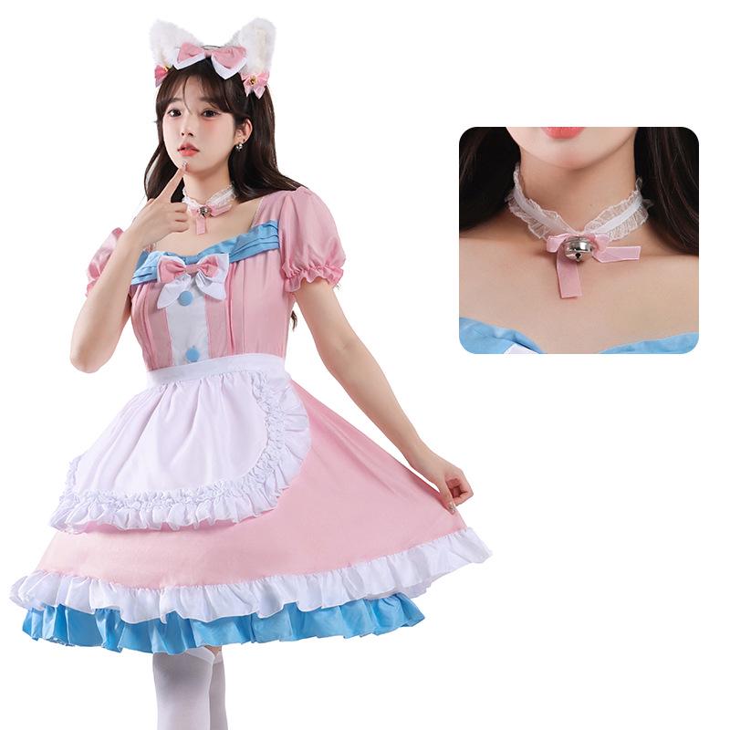 Café Style Cute Lolita Maid Outfit - Pink & Blue Bow Dress for Women