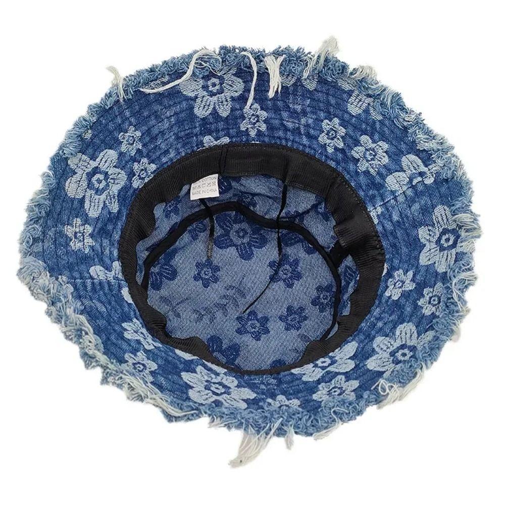 Flower Embroidered Denim Fisherman Hat Frayed Brim Sunscreen Sun Cap Cowboy Bucket Hats  Holiday