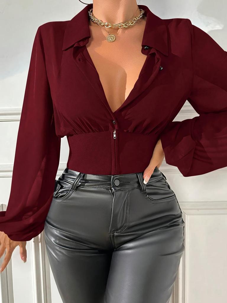 Elegant Lantern Sleeve Women's Solid Color Shirt