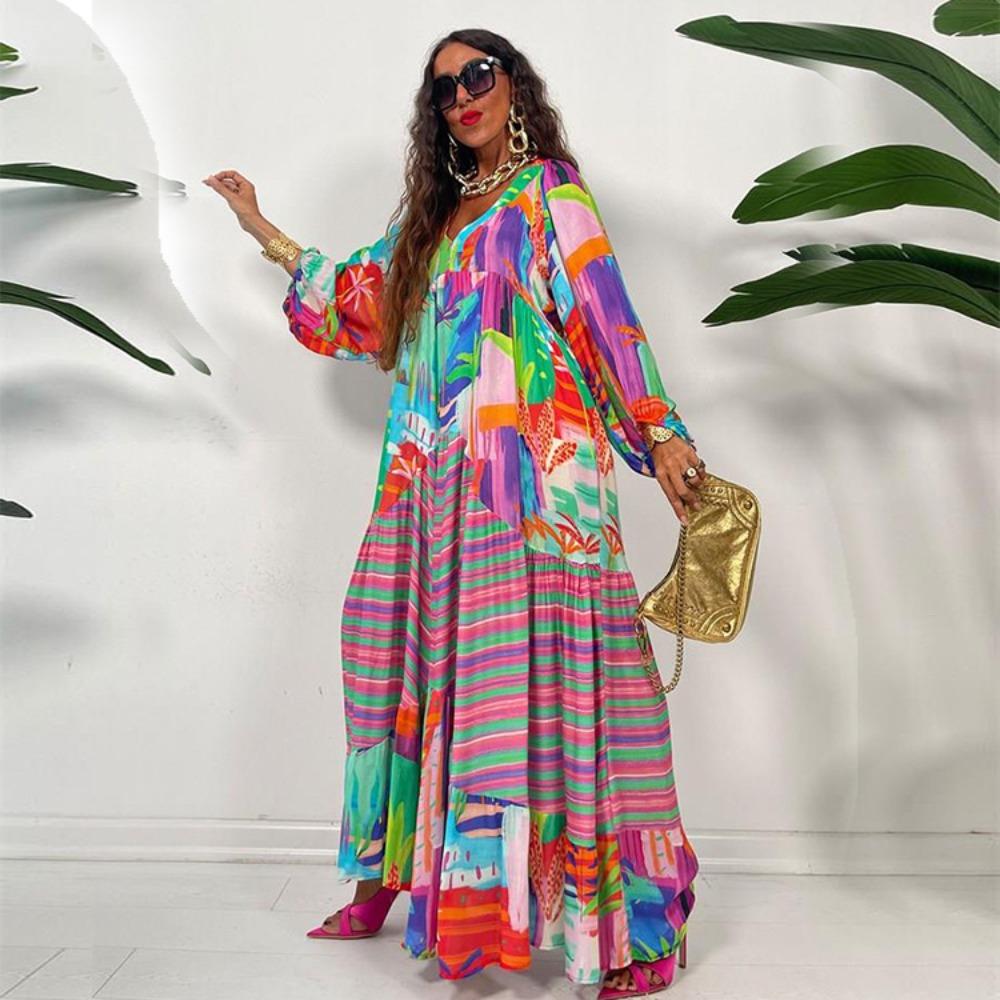 Women's V Neck Long Sleeve Maxi Dress Colorful Tropical Striped Print Loose Tiered Ruffle Big Swing Vacation Dress