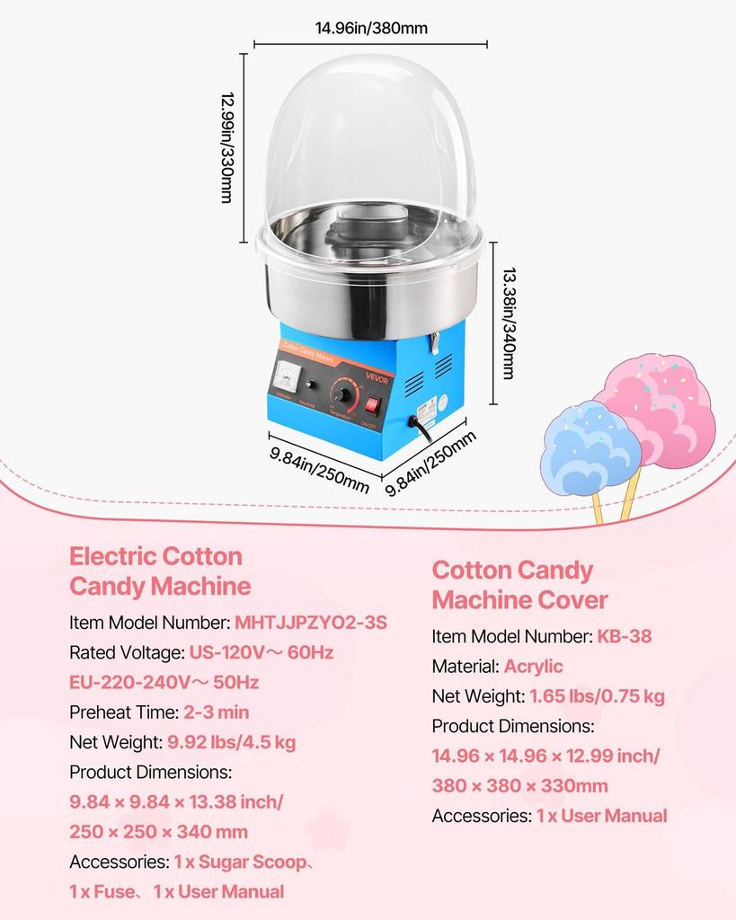 Electric Cotton Candy Machine, 1000W Commercial Floss Maker With Cover, Commercial Cotton Candy Machine w/Stainless Steel Bowl & Sugar Scoop, Ideal