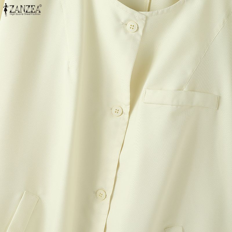 ZANZEA Bluză de damă cu gât rotund, culoare solidă, largă, cu mânecă lungă