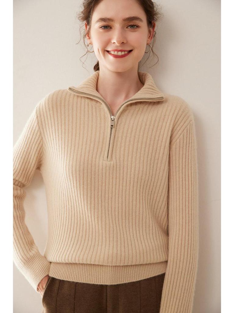 Women's High-End French Cashmere Sweater - Solid Color, Long-Sleeved, Lapel Knit Top