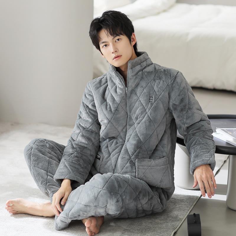 

Пижама мужская зимняя трехслойная утолщенная супер толстая с подкладкой из хлопка флиса кораллового флиса на молнии домашняя одежда осень-зима 3XL