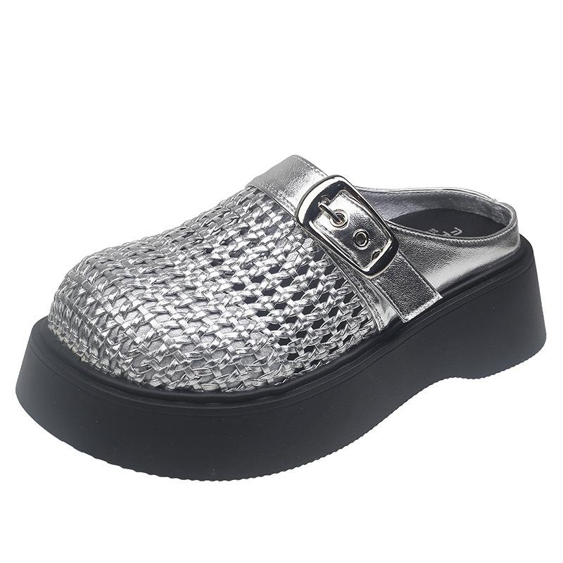 

Muffin platform loafers women s new spring and summer explosion retro woven bag head half slippers small sandals 35 серебряный