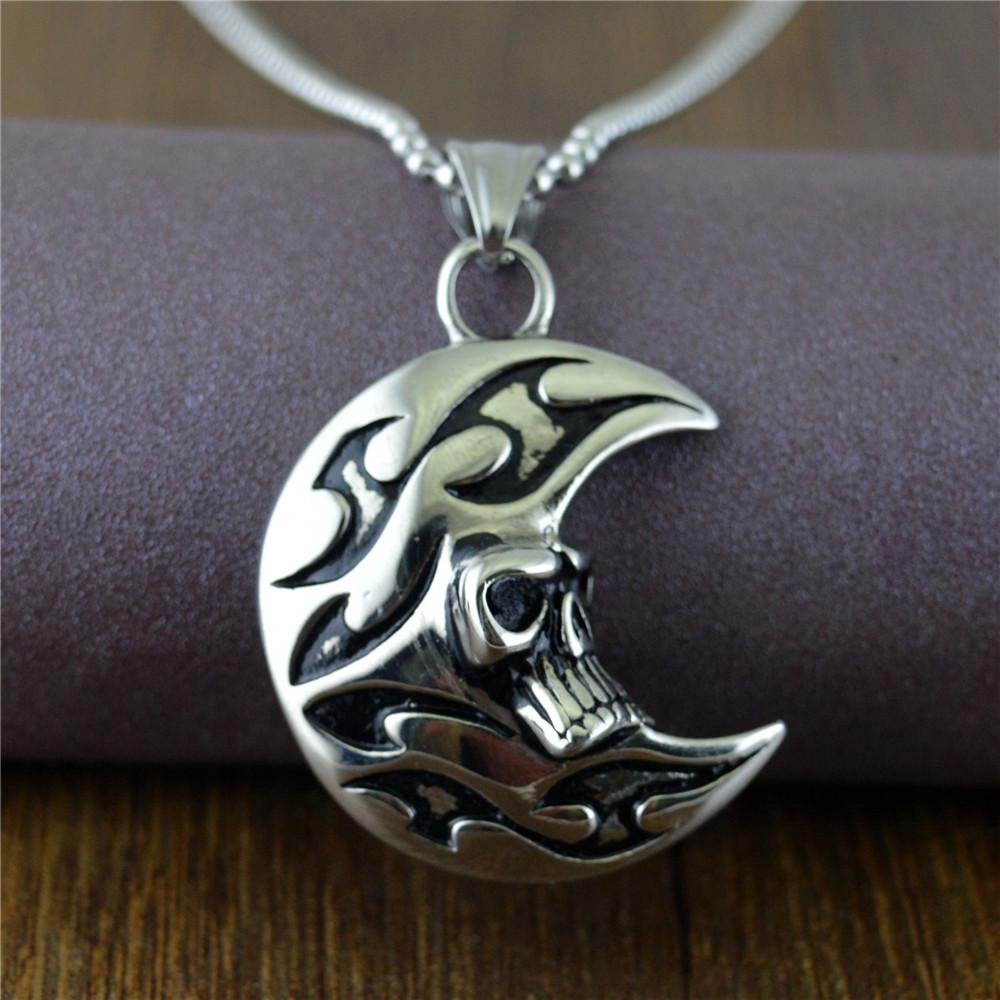 Punk Style Moon Skull Pendant Necklace In Titanium Steel