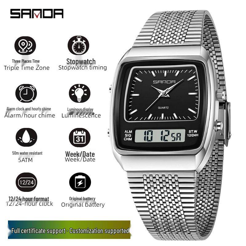 SANDA Men s Steel Band Dual Display Watch with Multi-Time Zone, Night Glow, and Waterproof Features