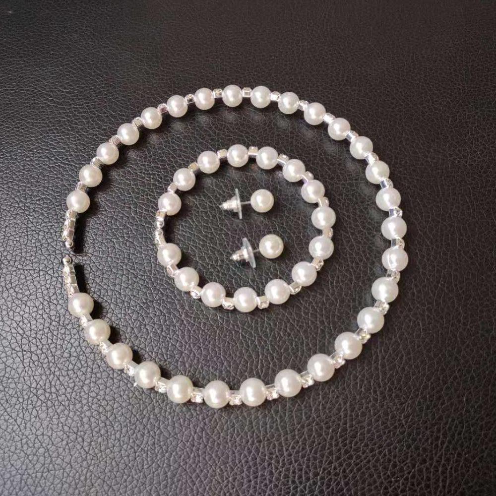 Pearl Steel Wire Rhinestone Necklace Earrings, Bracelet Jewelry Set, Wedding Jewelry Three-piece Set
