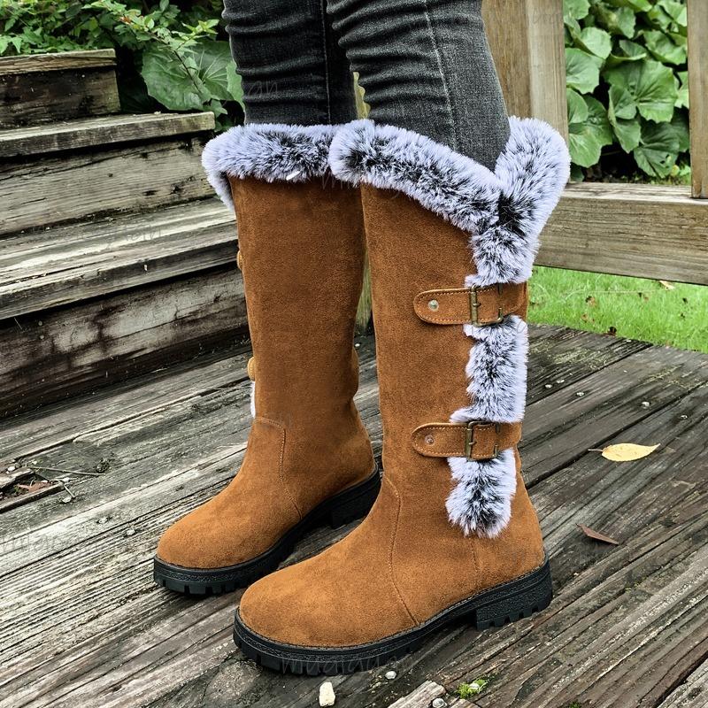 Women's Suede Mid Calf Snow Boots Anti-slip Mid Heel Short Plush Winter Warm Long Boots Casual Comfortable Walking Shoes Women